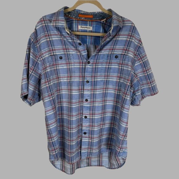 Tommy Bahama Men's Size L Blue Plaid Button Down Shirt Short Sleeve - Picture 1 of 5